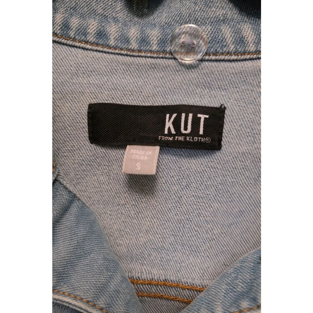 KUT From The Kloth Distressed Denim Jacket Small | Light Wash Stretch Jacket - Picture 4 of 5